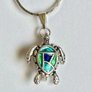 Silver Sea Life Turtle Necklace 18" Aqua Blue Enamel Nautical Island USA